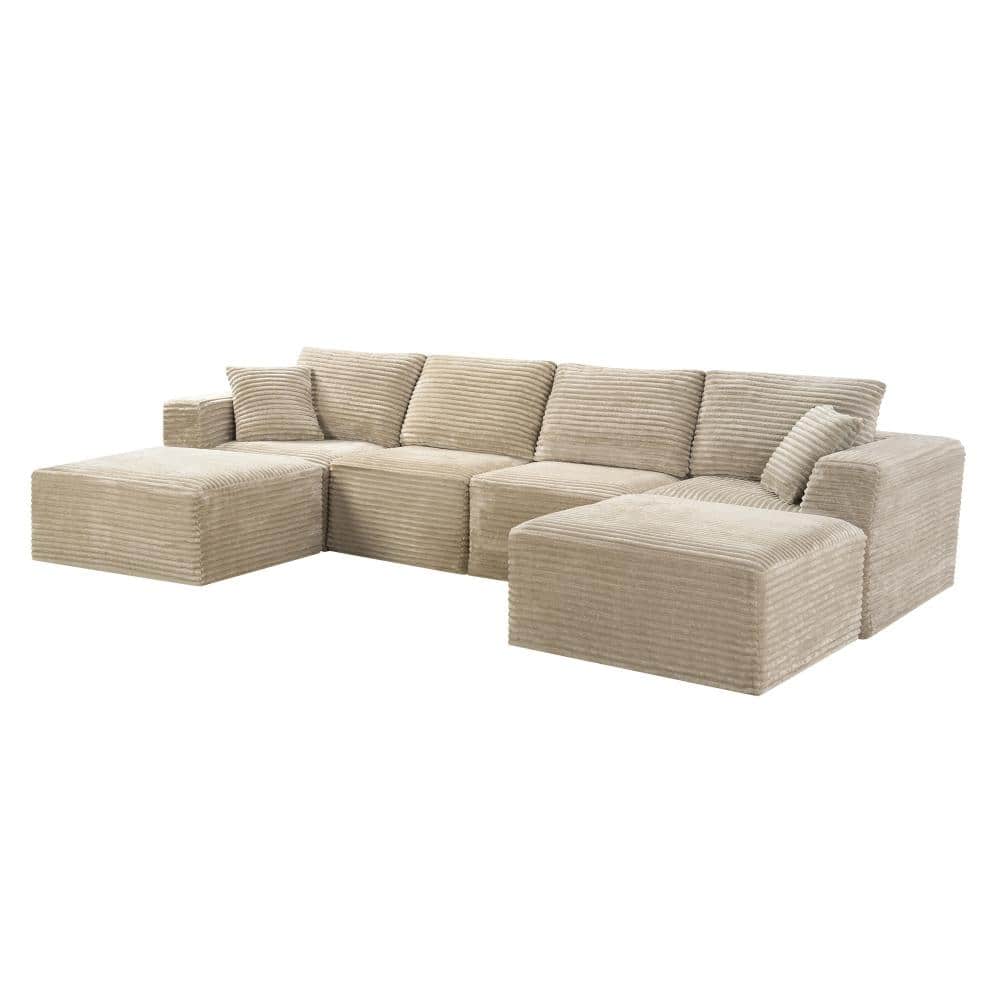 Modular Corduroy 133.2 in. Wide U-Shaped Sectional Sofa with 2 Accent Pillows and Ottomans in Camel