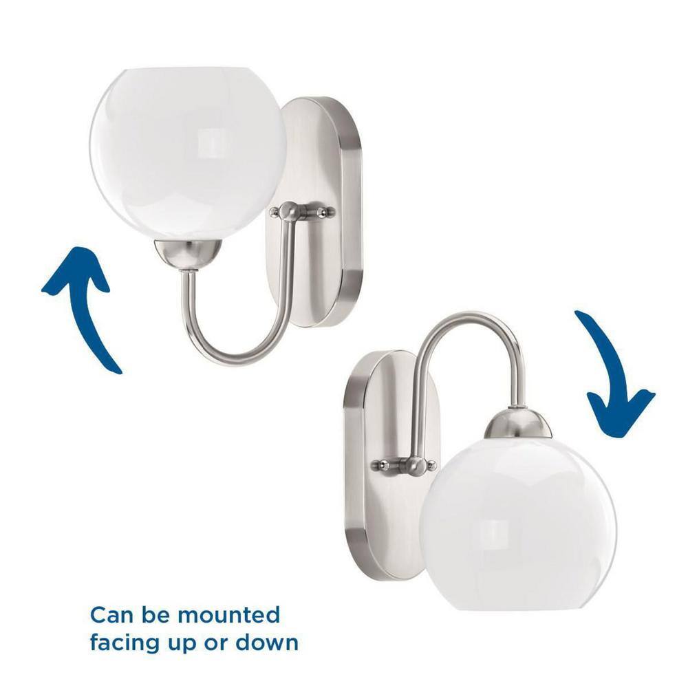 Carisa Brushed Nickel 1-Light Bath Wall Sconce with White Glass Shade