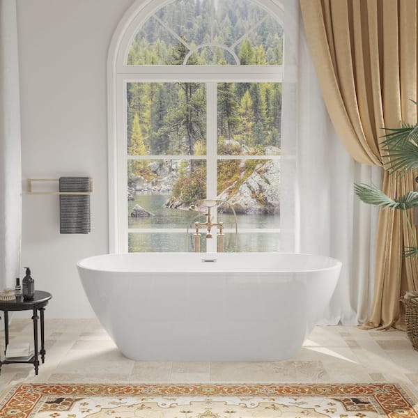 55 in. x 28.35 in. Acrylic Double Slipper Freestanding Soaking Bathtub with Chrome Overflow in Glossy White