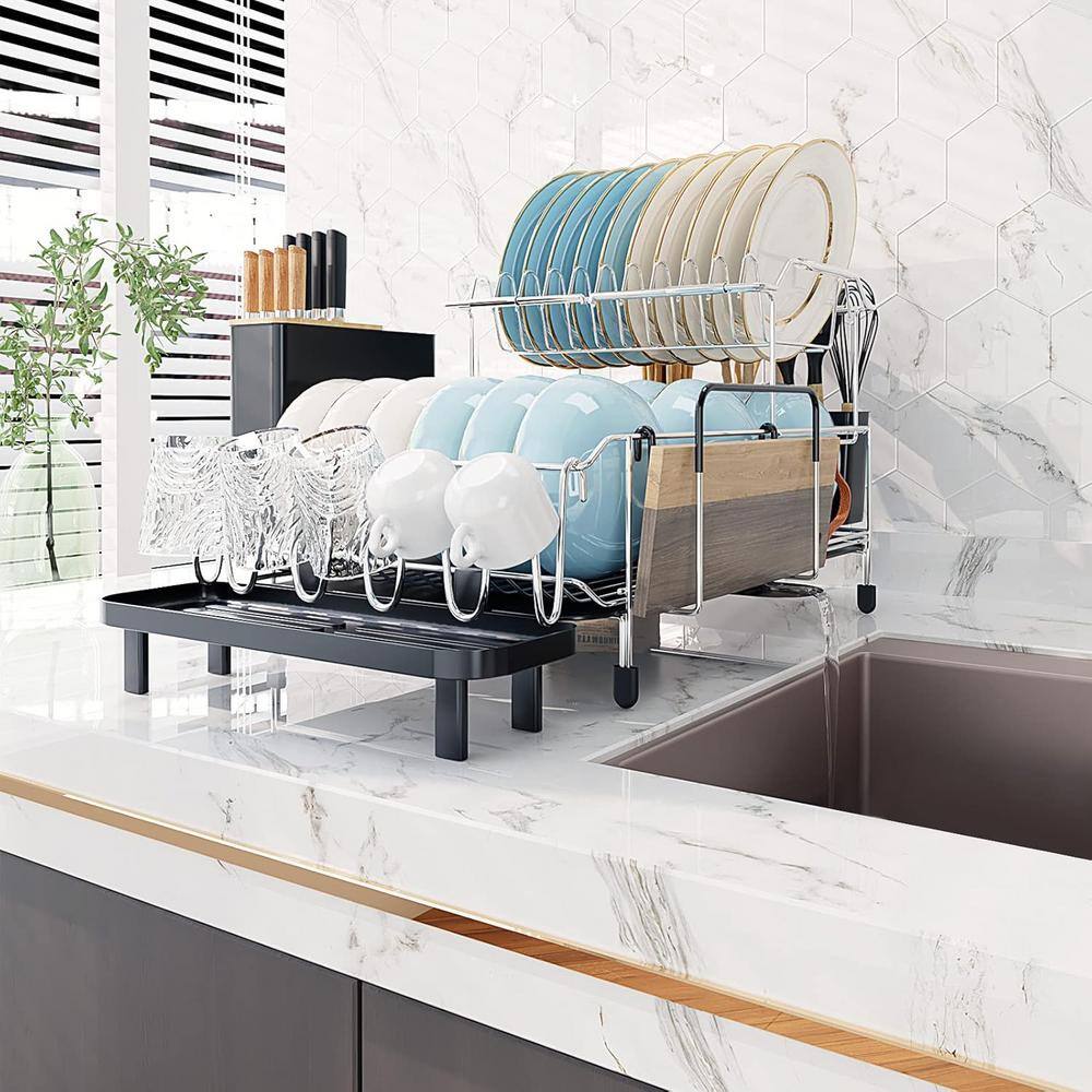 22 in. Black 2-Tier Detachable Dish Rack with Drainboard and 360° Swivel S