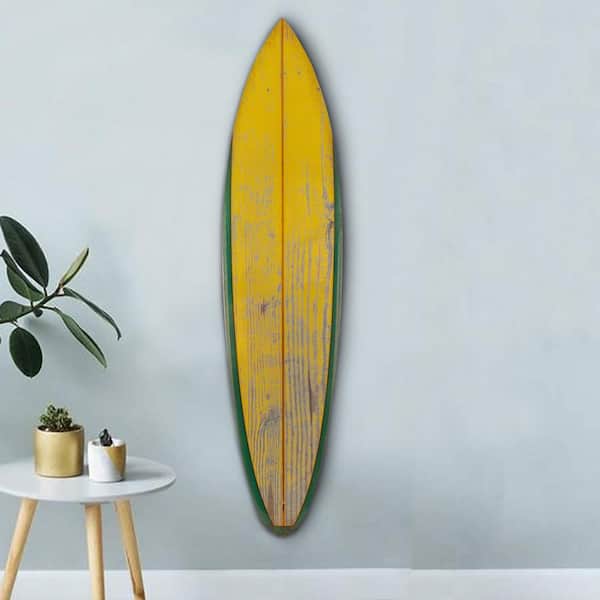 Benjara Yellow and Green Wooden Surfboard Wall Art Decor BM238291