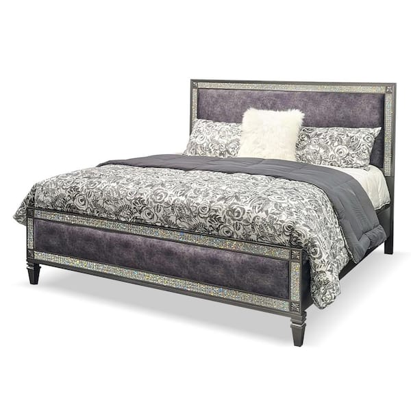 Augenst Gray Wood Frame Queen Panel Bed with Upholstered Headboard