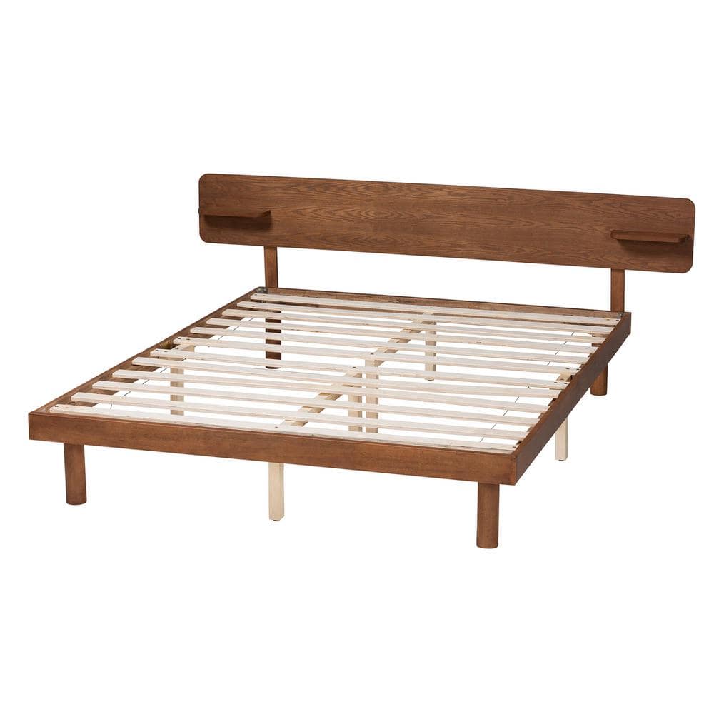 Morana Queen Walnut Brown Wood Platform Bed with Built-In Shelves