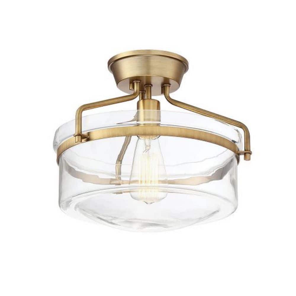 Meridian 13" Natural Brass and Clear Glass Semi-Flush Ceiling Light