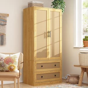 Brown Wooden Grain 31.4 in. Width Wooden Wardrobe, Armoire with 2-Tier Drawers and Hanging Bar