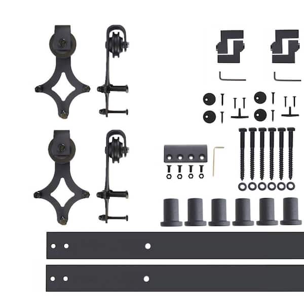 HOMACER 9 ft./108 in. Black Rustic Non-Bypass Sliding Barn Door Hardware Kit Diamond Design Roller for Double Doors