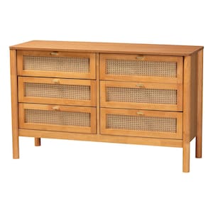 Jenn Golden Brown Wood 6-Drawer 49.8 in. Dresser with Distressed Rattan