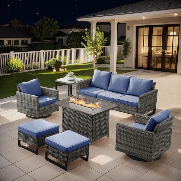 U-Frame 7-Piece Gray Wicker Fire Pit Conversation Set with Olefin Blue Cushions and Swivel Glider Chairs/Couch
