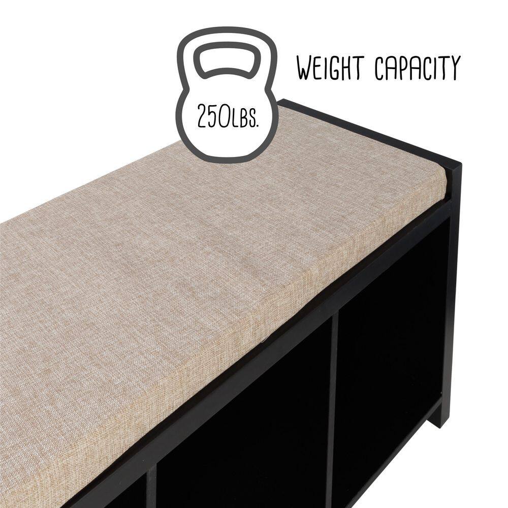 Modern Black Storage Bench with Tan Cushion and Cubby Shelves
