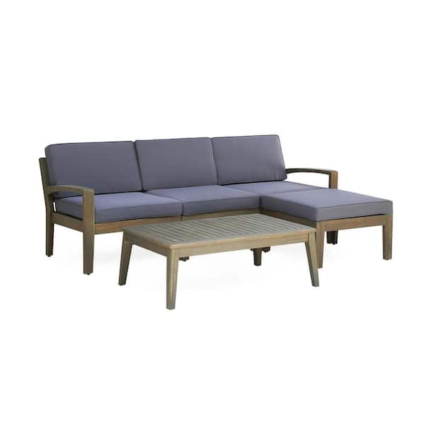 3-Piece Acacia Wood Outdoor Sectional Patio Sofa Set with Gray Cushions