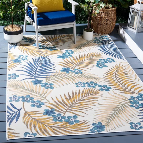 Sunrise Ivory/Blue Gold 4 ft. x 6 ft. Oversized Tropical Reversible Indoor/Outdoor Area Rug