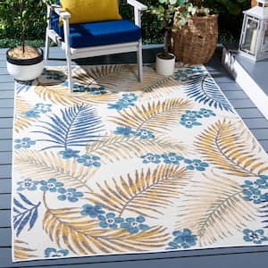Sunrise Ivory/Blue Gold 7 ft. x 7 ft. Oversized Tropical Reversible Indoor/Outdoor Square Area Rug
