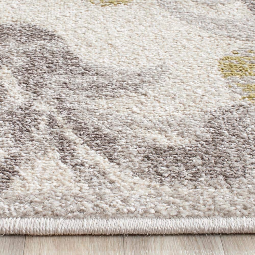 Ivory Light Grey Floral Square Synthetic Easy-Care Rug