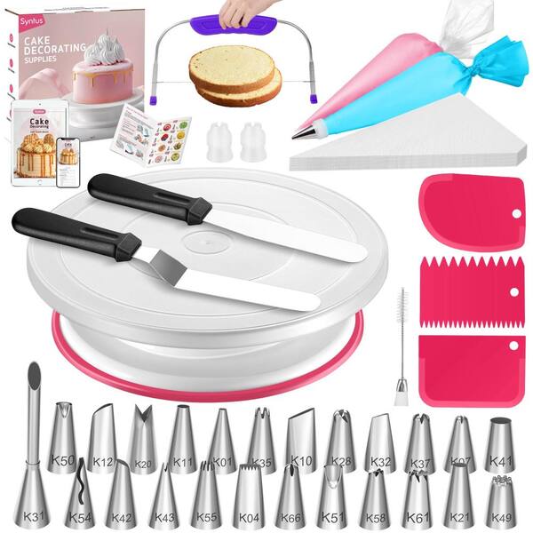 Polypropylene Rose Pink 65-Piece Cake Decorating Kit with Turntable, Bags, Tips, Spatulas and Scrapers