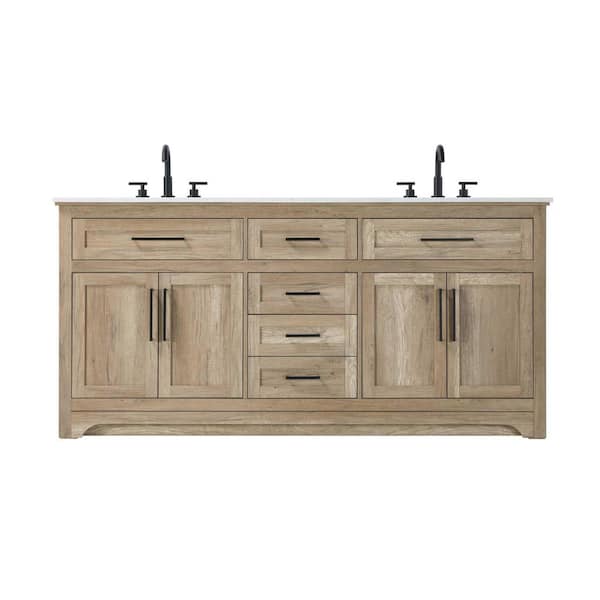 72 in. Double Sink Freestanding Natural Oak Bath Vanity with Marble White Engineered Marble Top