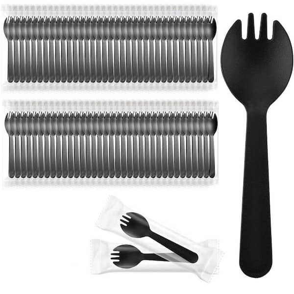 Black Disposable Plastic Sporks 2-in-1 Spork and Spoon Party Tableware Individually Wrapped (200 Per Case)