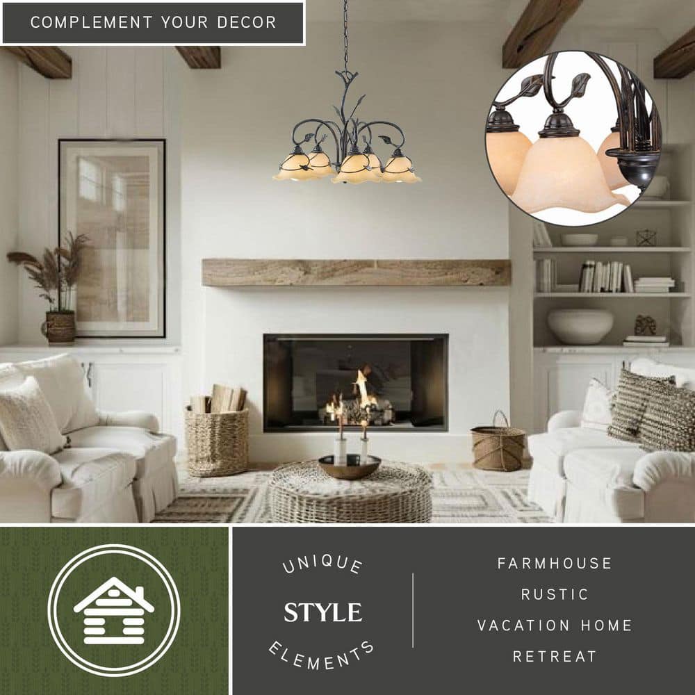 Elegant Rustic Vine 5-Light Chandelier with Amber Flake Glass Shades