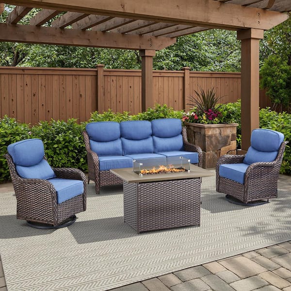 Arcadia Brown 4-Piece Wicker Outdoor Patio Fire Pit Deep Seating Set with 6-Inch Thick Navy Blue Cushions