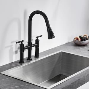 Double Handle Bridge Pull-Down Kitchen Faucet with 3-Spray Patterns and 360 Degrees Rotation Spout in Matte Black