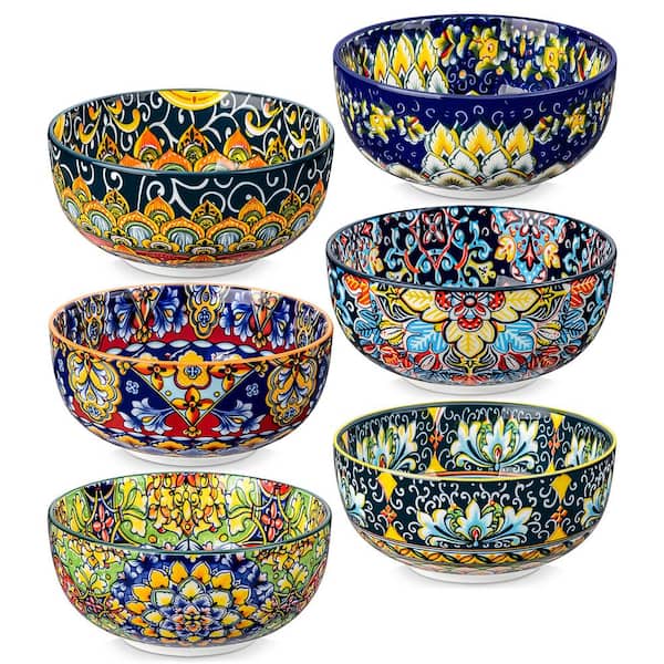 28 fl. oz. Assorted Colors Porcelain Cereal Bowl Set of 6, Double-Sided Pattern Serving Bowl for Cereal Soup Rice Salad