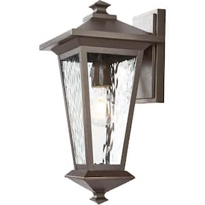 15.62 in. 1-Light Oil Rubbed Bronze with Gold Highlights Outdoor 6.5 in. Wall Lantern Sconce with Clear Water Glass