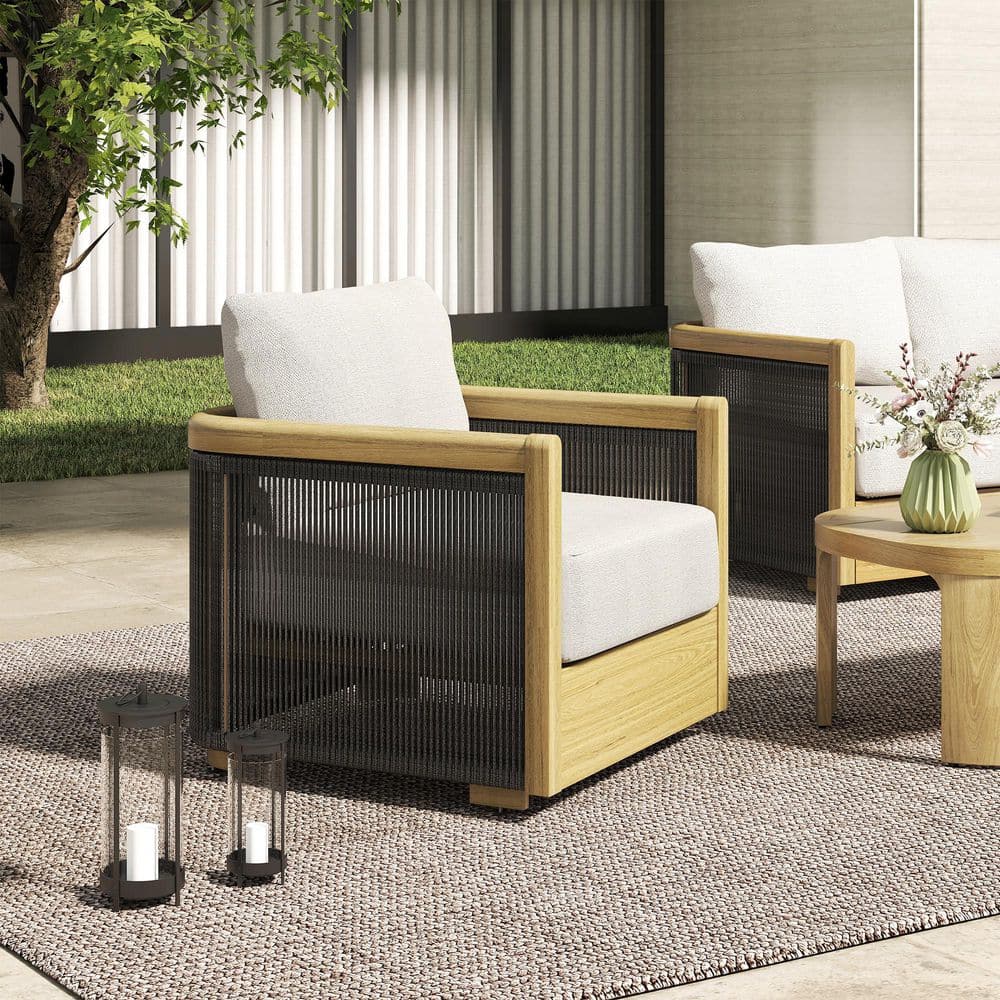 Overture Natural Wood Grain Aluminum Hand-Woven Rope Outdoor Lounge Chair with Beige Cushions