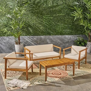 Outdoor 4-Seater Teak Acacia Wood Chat Set with Coffee Table with Cushions, Teak and Beige, Picnic