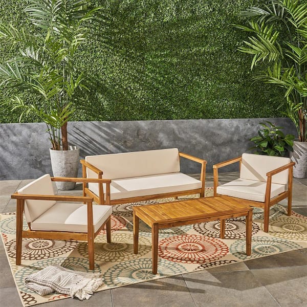 ITOPFOX Outdoor 4-Seater Teak Acacia Wood Chat Set with Coffee Table with Cushions, Teak and Beige, Picnic