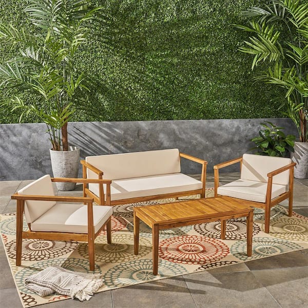 ITOPFOX Outdoor 4-Seater Teak Acacia Wood Chat Set with Coffee Table ...