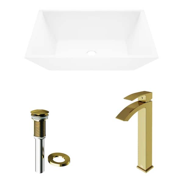 Vinca Matte Stone Vessel Bathroom Sink in White with Duris Faucet in Matte Gold Vinca Matte Stone Vessel Bathroom Sink in White with Duris Faucet in Matte Gold