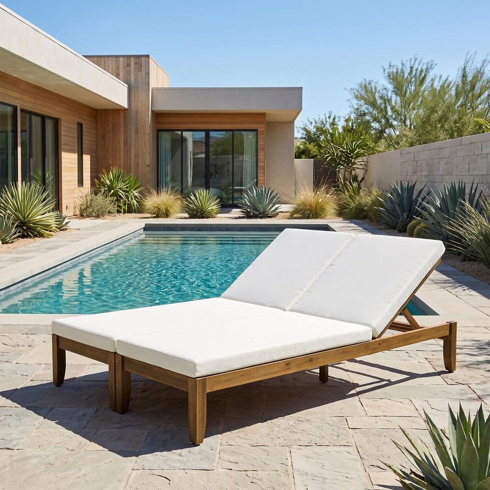 Patio Natural Finish Solid Wood Lounge Chair Outdoor Double Chaise Lounge with Beige Cushion and Adjustable Backrest