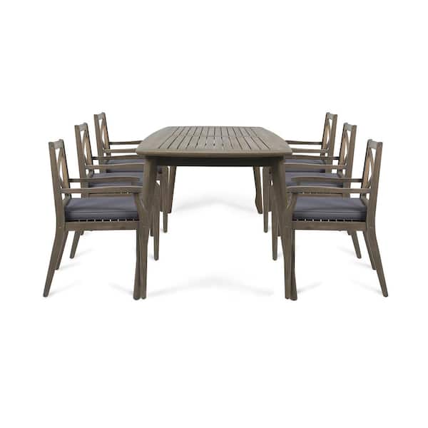 Noble House Llano Gray 7-Piece Wood Outdoor Dining Set with Dark Gray Cushions