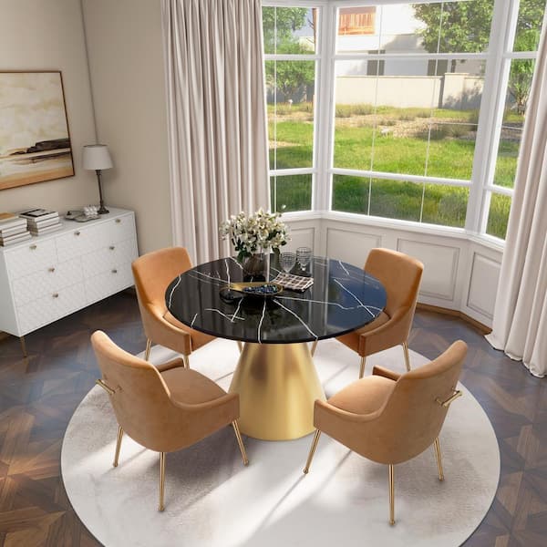 Boyel Living 5-Piece Black Marble Counter Top Dining Table Set Seats 4(1 Table x 4 Yellow Chairs)