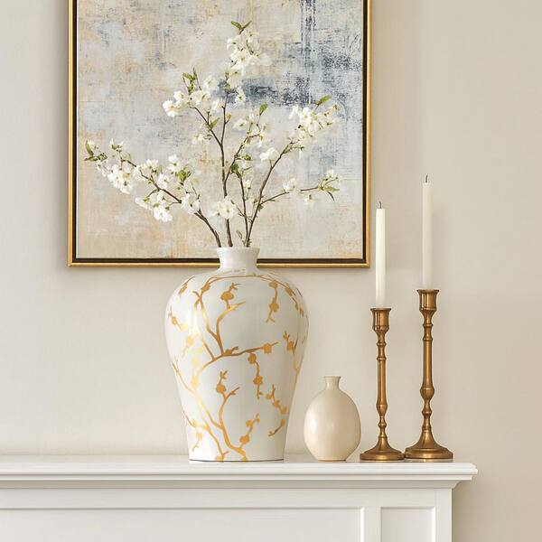ホワイトとゴールドの花瓶セット Liv & Skye 15 in. White Ceramic Jar with Gold Decal 16345-01 - The