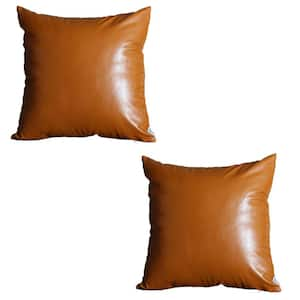 Brown Boho Handcrafted Vegan Faux Leather Square Solid 17 in. x 17 in. Throw Pillow Cover (Set of 2)