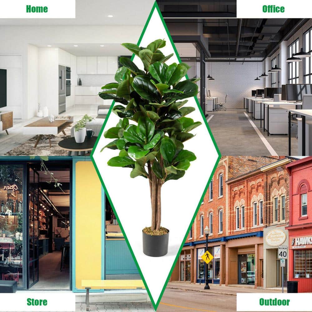 4ft Green Artificial Fiddle Leaf Fig Tree in Black Plastic Pot