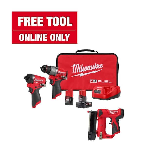 Milwaukee M12 FUEL 12-Volt Cordless Hammer Drill and Impact Driver Combo Kit with M12 23-Gauge Lithium-Ion Cordless Pin Nailer