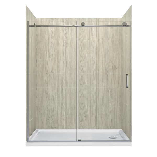 JETCOAT 60 in. L x 30 in. W x 78 in. H Right Drain Alcove Shower Stall Kit in Driftwood and Brushed Nickel 3-Piece