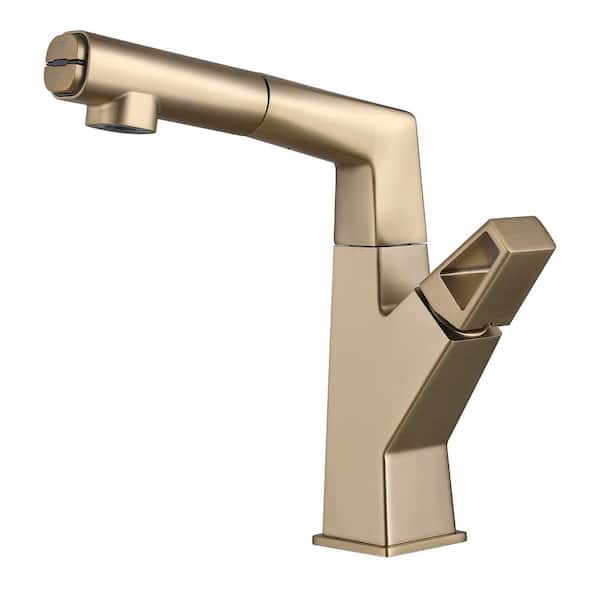 Single Handle Single Hole Bathroom Faucet Pull Out Sprayer and 360-Degree Rotary Lift in Brushed Gold