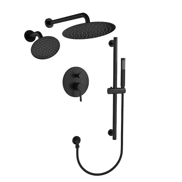 3-Spray Round 10 and 6 in. Dual 3 in 1 Wall Mount Fixed and Handheld Shower Head 1.8 GPM in Matte Black Valve Included