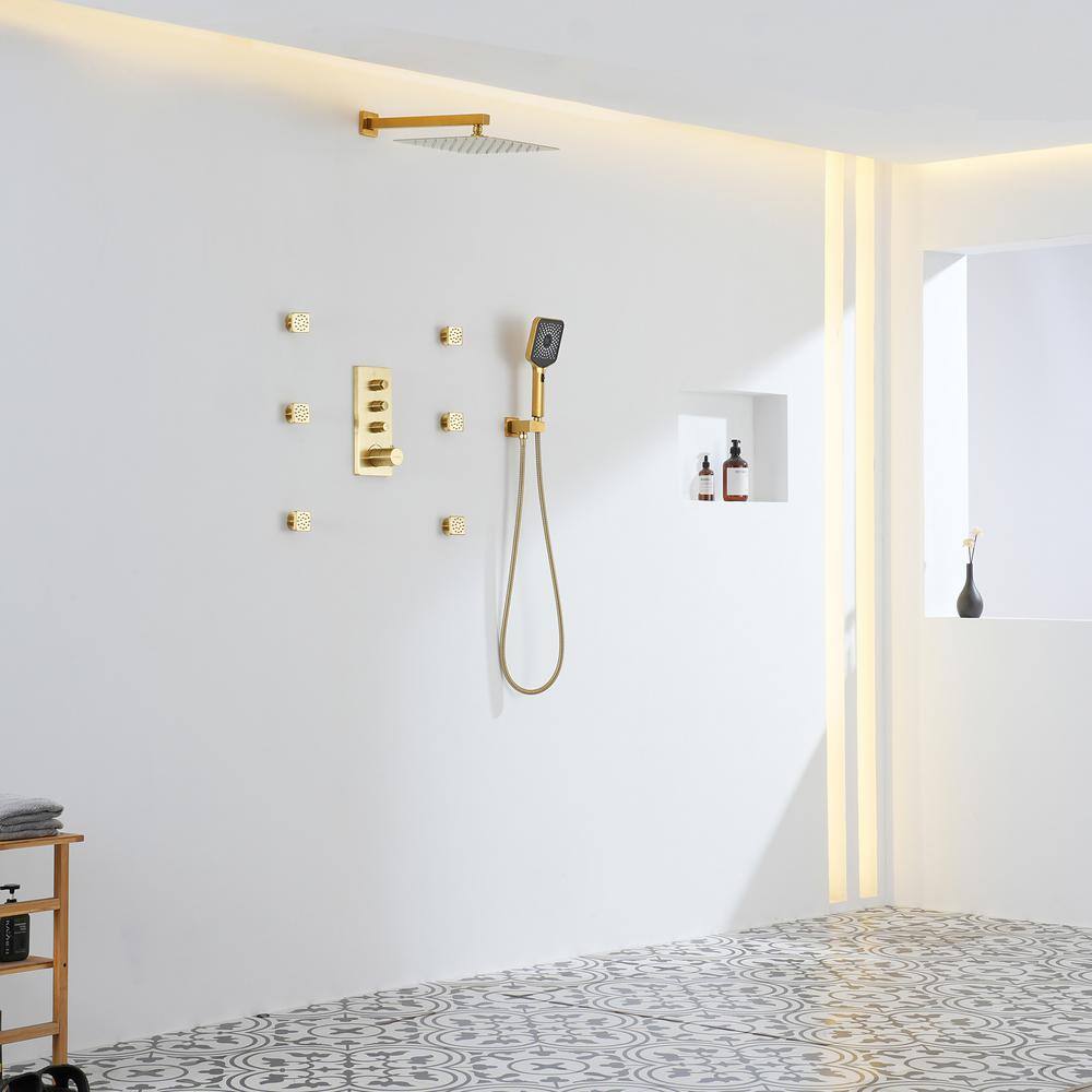 Brushed Gold Dual Square Wall Mount Shower System with Handheld