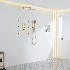 Thermostatic 12 in. 3-Spray Dual Wall Mount Fixed and Handheld Shower Head 1.8 GPM with 6 Body Jets in Brushed Gold