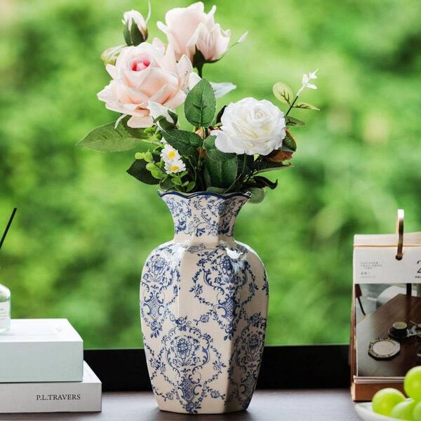 9 in. Blue Ceramic Bottle Vintage Blue Ceramic Flower Vessel