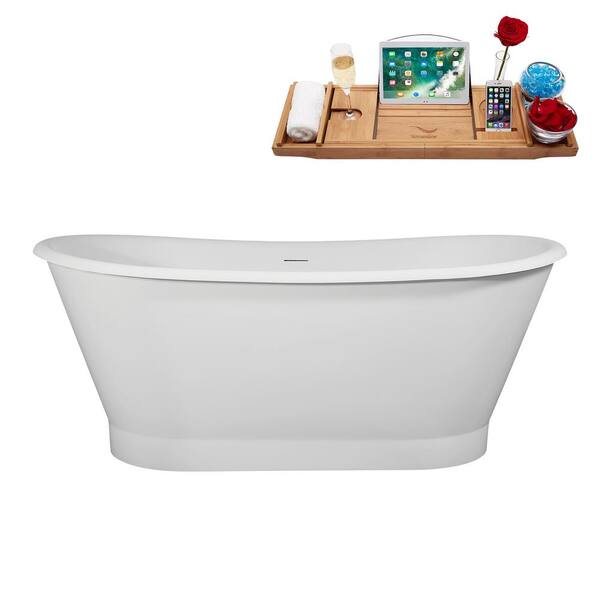 Streamline 67 in. x 32 in. Acrylic Freestanding Soaking Bathtub in Matte White With Matte Oil Rubbed Bronze Drain, Bamboo Tray