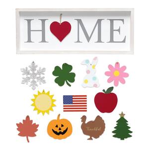 23 in. White Wash Rustic Farmhouse Wooden Seasonal Interchangeable Symbol "Home" Frame with 12-Ornaments
