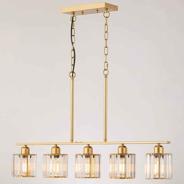 GoYeel 5-Light Gold Farmhouse Linear Hanging Pendant Light Modern/Contemporary Kitchen Island Light with Crystal Shade