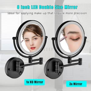 16 in. x 8 in. LED Light 360° Rotation Magnifying Wall Makeup Mirror in Matte Black