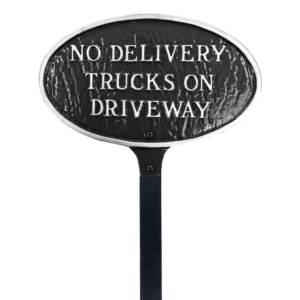 Montague Metal Products No Delivery Trucks on Driveway Small Oval Statement Plaque with 17.5 in. Lawn Stake-Black/Silver