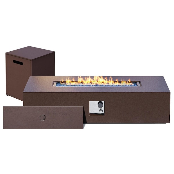 56 in. Rectangular Iron Outdoor Brown Fire Pit Table with Propane Tank Holder