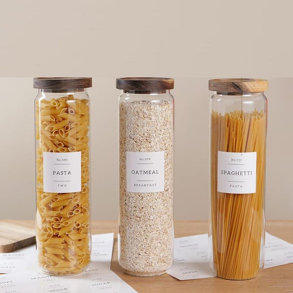 3-Piece Thicken Glass Pantry Storage Jars with Acacia Airtight Lid and 132 Pantry Labels for Pasta, Spaghetti, Cereal